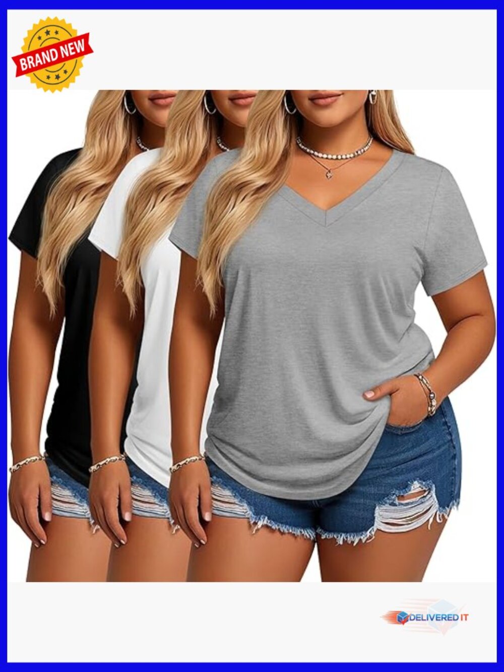3 Pack Plus Size V Neck Short Sleeve Tunic T Shirts Loose Fit Curved Hem Swing